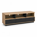 Meuble TV bas en panneaux de particules et verre, 3 tiroirs et 3 niches, chêne et noir, 160 × 40 × 60 cm