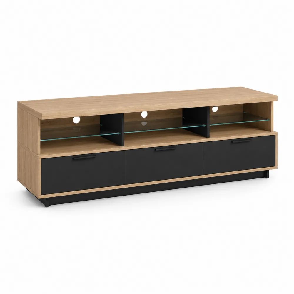 Meuble TV bas en panneaux de particules et verre, 3 tiroirs et 3 niches, chêne et noir, 160 × 40 × 60 cm