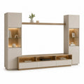 Ensemble meuble TV mural 4 pièces en MDF et panneaux mélaminés avec éclairage LED, beige grège et chêne naturel, 300 x 42 x 220 cm