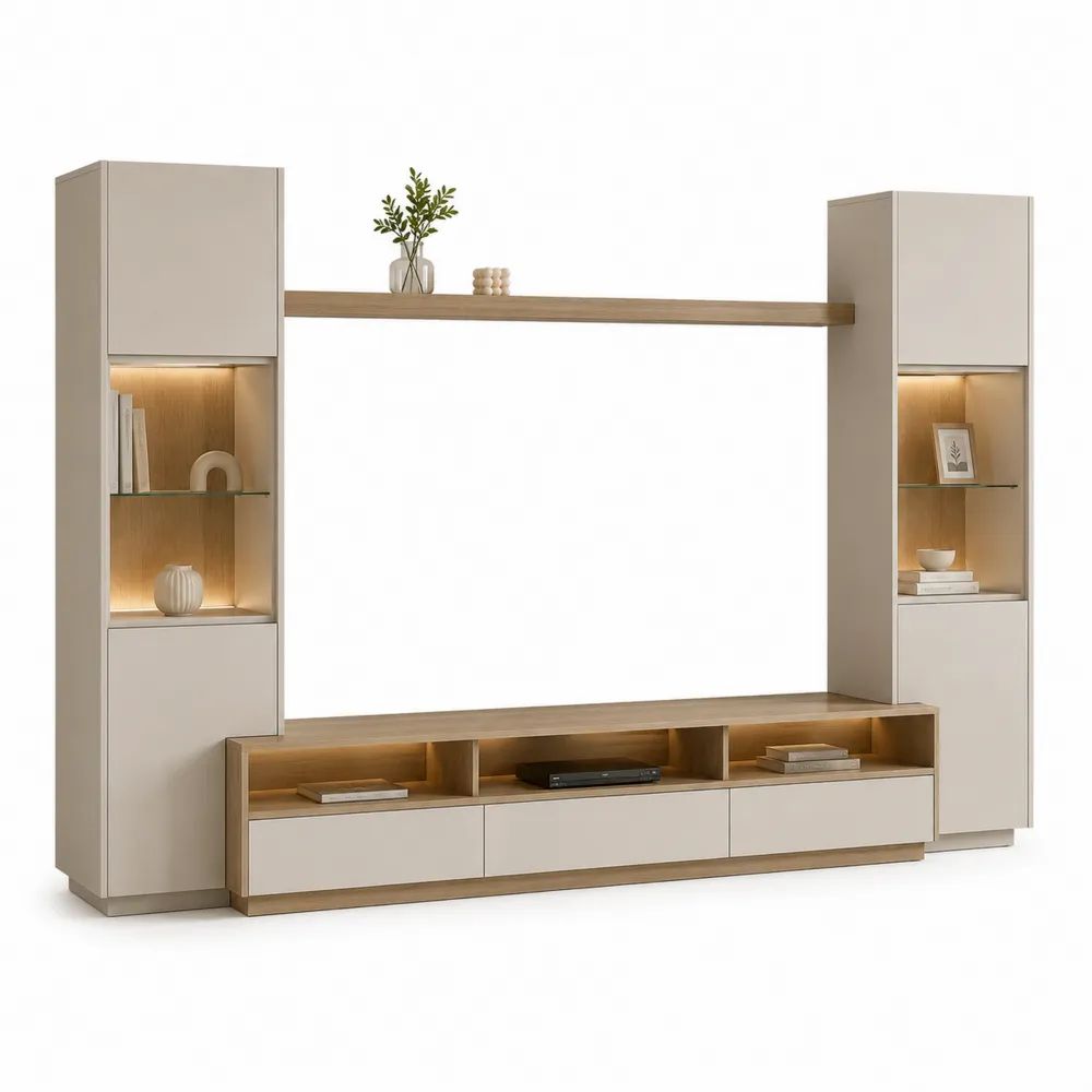 Ensemble meuble TV mural 4 pièces en MDF et panneaux mélaminés avec éclairage LED, beige grège et chêne naturel, 300 x 42 x 220 cm
