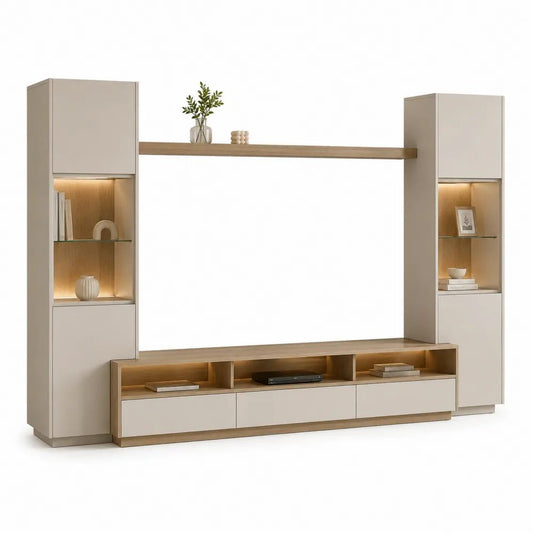 Ensemble meuble TV mural 4 pièces en MDF et panneaux mélaminés avec éclairage LED, beige grège et chêne naturel, 300 x 42 x 220 cm