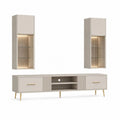 Ensemble meuble TV 3 pièces en panneaux mélaminés, métal et verre, taupe et doré, meuble bas 180 x 40 x 50 cm et 2 vitrines murales éclairées 35 x 25 x 100 cm