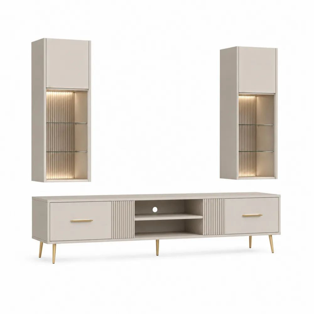 Ensemble meuble TV 3 pièces en panneaux mélaminés, métal et verre, taupe et doré, meuble bas 180 x 40 x 50 cm et 2 vitrines murales éclairées 35 x 25 x 100 cm