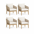Lot de 4 fauteuils de jardin en bois massif et corde polyester beige avec coussins crème, 64 × 67 × 80 cm