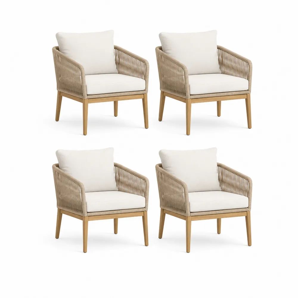 Lot de 4 fauteuils de jardin en bois massif et corde polyester beige avec coussins crème, 64 × 67 × 80 cm