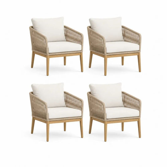 Lot de 4 fauteuils de jardin en bois massif et corde polyester beige avec coussins crème, 64 × 67 × 80 cm