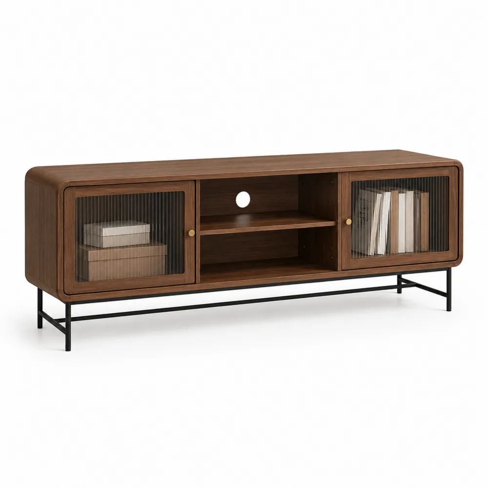 Meuble TV bas rectangulaire à 2 portes en MDF plaqué noyer, verre cannelé fumé et acier noir, 160 × 40 × 60 cm