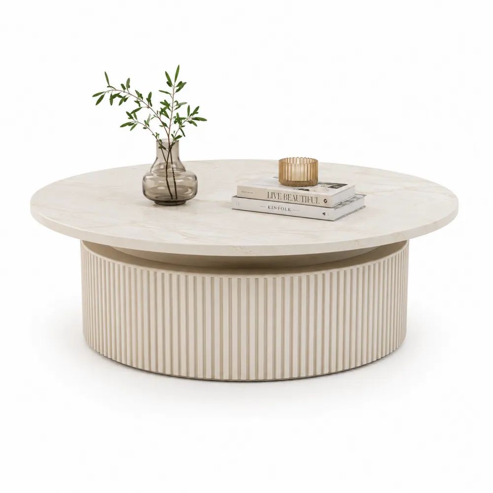 Table basse ronde en MDF rainuré effet marbre beige crème Ø 100 × H 40 cm