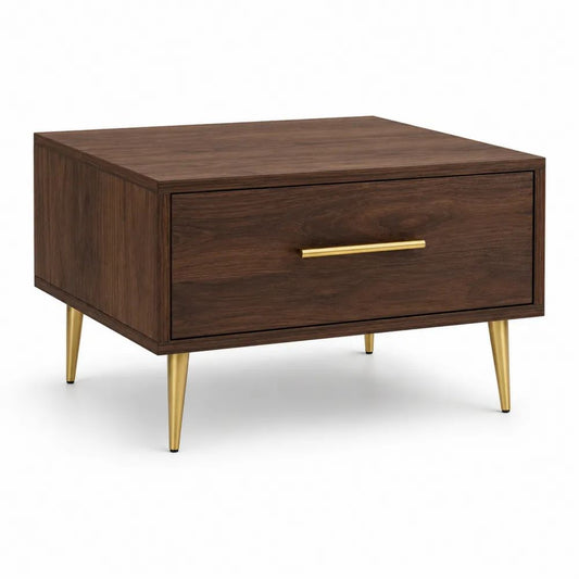 Table basse rectangulaire avec tiroir en MDF plaqué noyer et pieds en acier doré, 80 × 50 × 45 cm, marron foncé