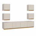 Ensemble meuble TV mural 5 pièces en MDF et panneaux de particules, blanc cassé et chêne clair, meuble bas 240 × 40 × 45 cm et 4 armoires 60 × 30 × 60 cm