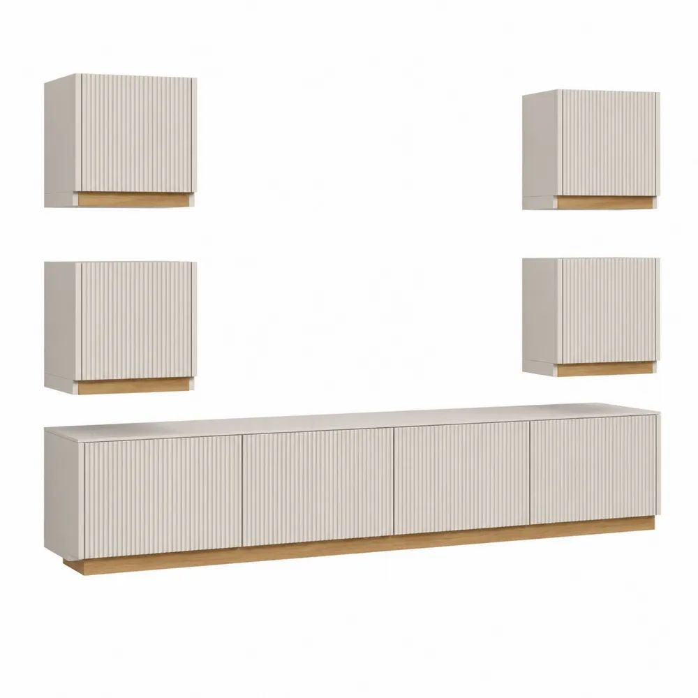 Ensemble meuble TV mural 5 pièces en MDF et panneaux de particules, blanc cassé et chêne clair, meuble bas 240 × 40 × 45 cm et 4 armoires 60 × 30 × 60 cm