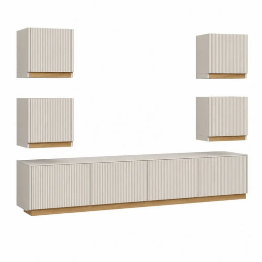 Ensemble meuble TV mural 5 pièces en MDF et panneaux de particules, blanc cassé et chêne clair, meuble bas 240 × 40 × 45 cm et 4 armoires 60 × 30 × 60 cm