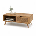 Table basse rectangulaire en bois et rotin avec tiroir et niche, chêne naturel et beige, 100 × 50 × 45 cm