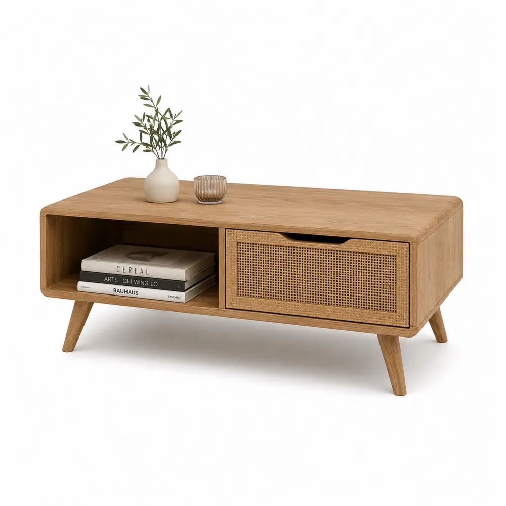 Table basse rectangulaire en bois et rotin avec tiroir et niche, chêne naturel et beige, 100 × 50 × 45 cm