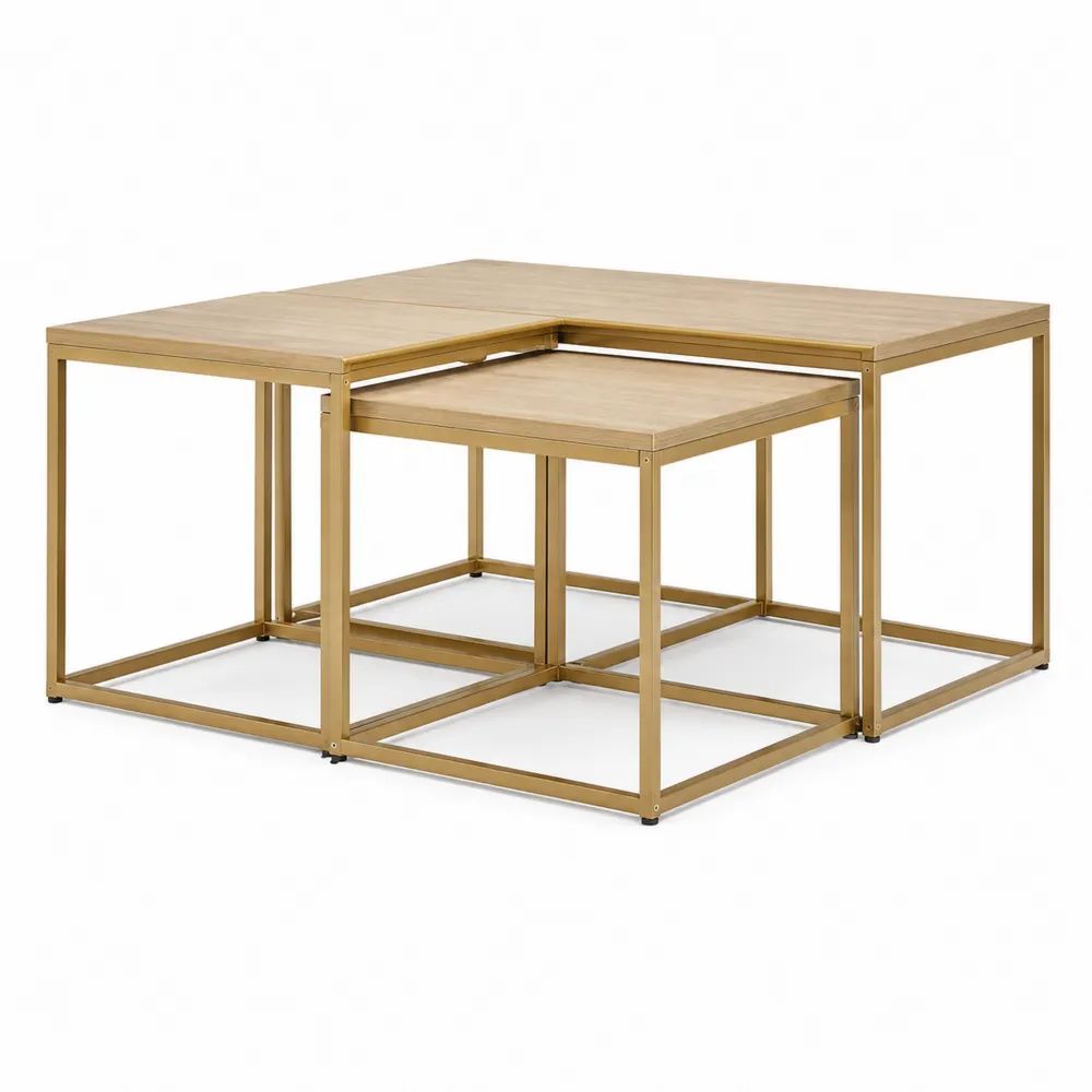 Lot de 3 tables basses gigognes carrées en MDF plaqué chêne clair et métal doré, 1 table 70 × 70 × 45 cm et 2 tables 50 × 50 × 40 cm