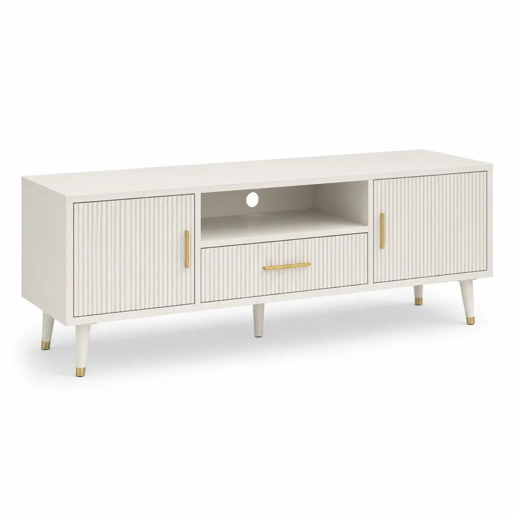 Meuble TV rectangulaire en MDF ivoire et métal doré, 2 portes, 1 tiroir et niche ouverte, 140 × 40 × 58 cm