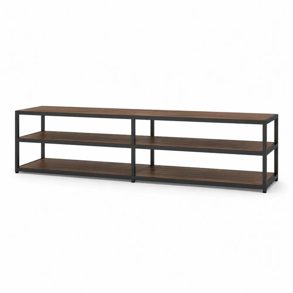 Meuble TV bas rectangulaire à 3 niveaux en bois et métal, noyer et noir, 180 × 40 × 60 cm