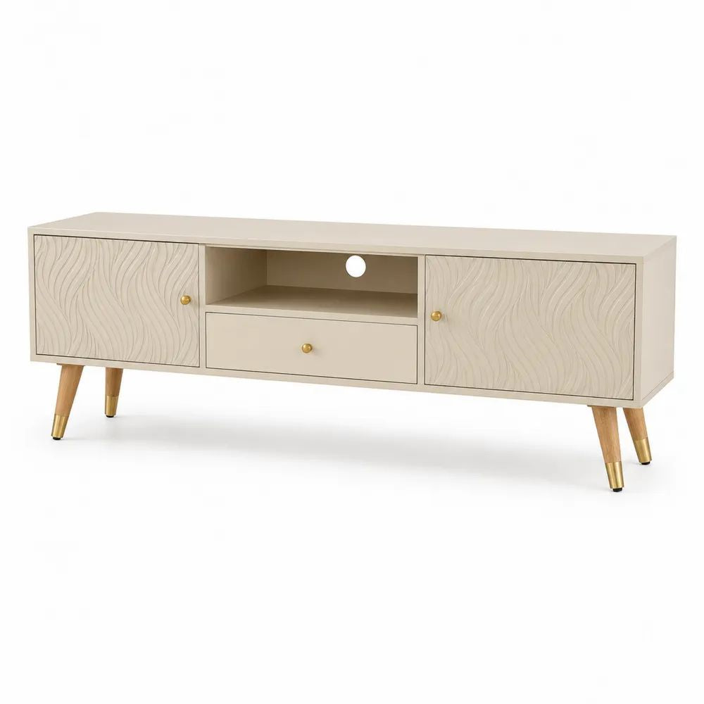 Meuble TV rectangulaire en MDF et bois massif beige, 140 × 40 × 58 cm