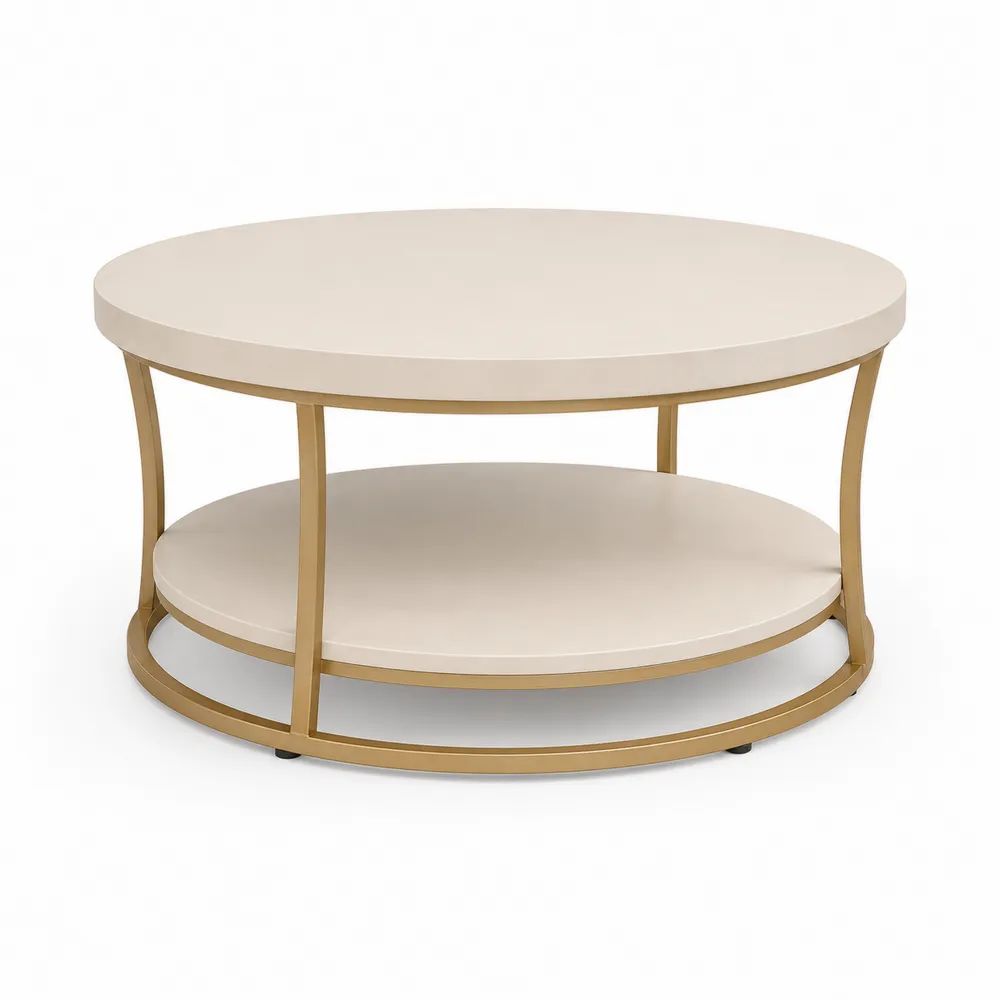 Table basse ronde à 2 niveaux en MDF et acier blanc cassé et doré, Ø 80 × H 45 cm