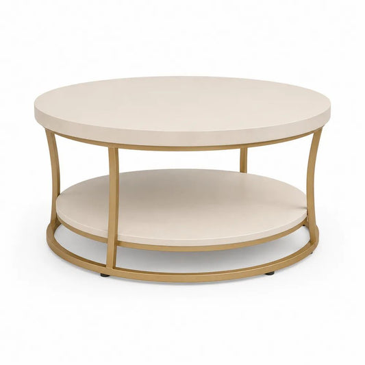 Table basse ronde à 2 niveaux en MDF et acier blanc cassé et doré, Ø 80 × H 45 cm