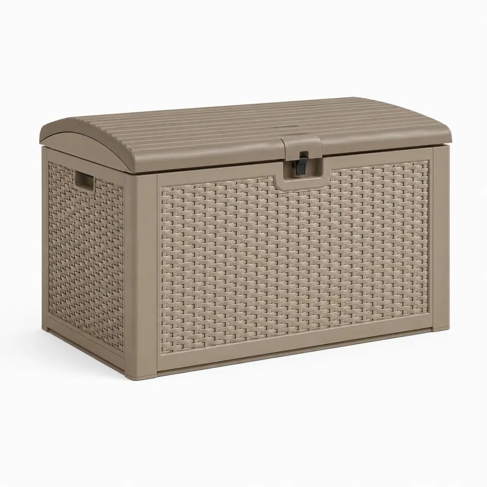 Coffre de jardin extérieur 270 L en polypropylène imitation rotin taupe et noir, 117 × 45 × 57 cm