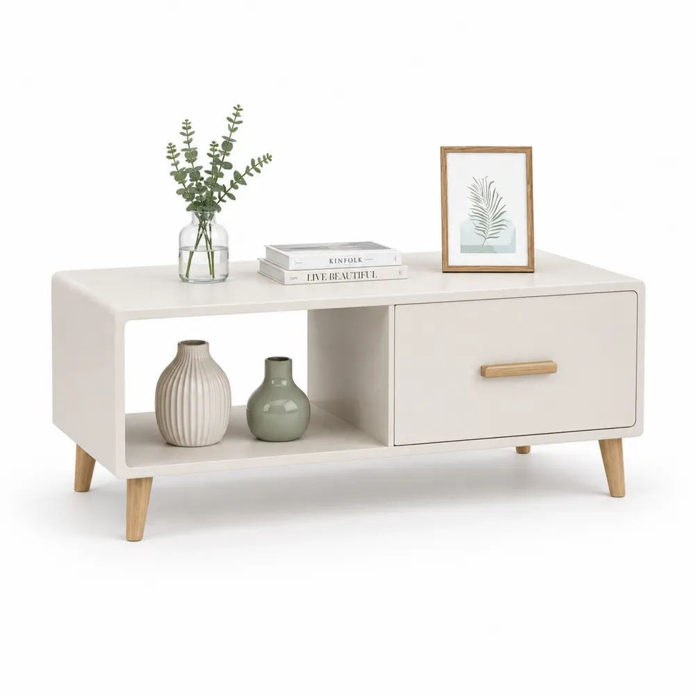 Table basse rectangulaire en bois blanc cassé et naturel avec tiroir et niche, 100 x 50 x 45 cm