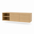 Meuble TV mural suspendu en MDF plaqué chêne naturel, 2 portes et 2 niches, 180 × 40 × 55 cm