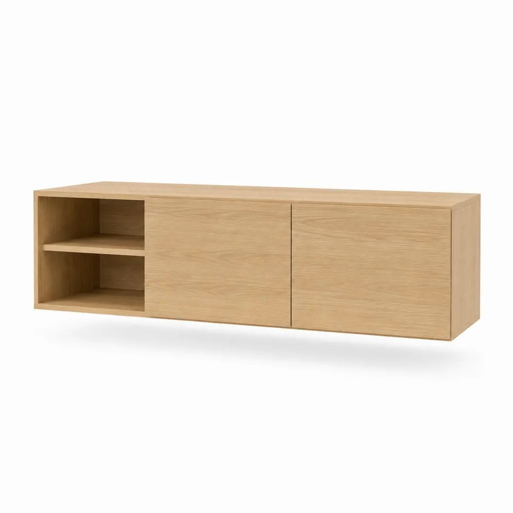 Meuble TV mural suspendu en MDF plaqué chêne naturel, 2 portes et 2 niches, 180 × 40 × 55 cm