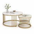 Lot de 2 tables basses gigognes rondes en MDF et acier, blanc effet marbre, blanc et or, Ø 80 × H 45 cm et Ø 60 × H 38 cm