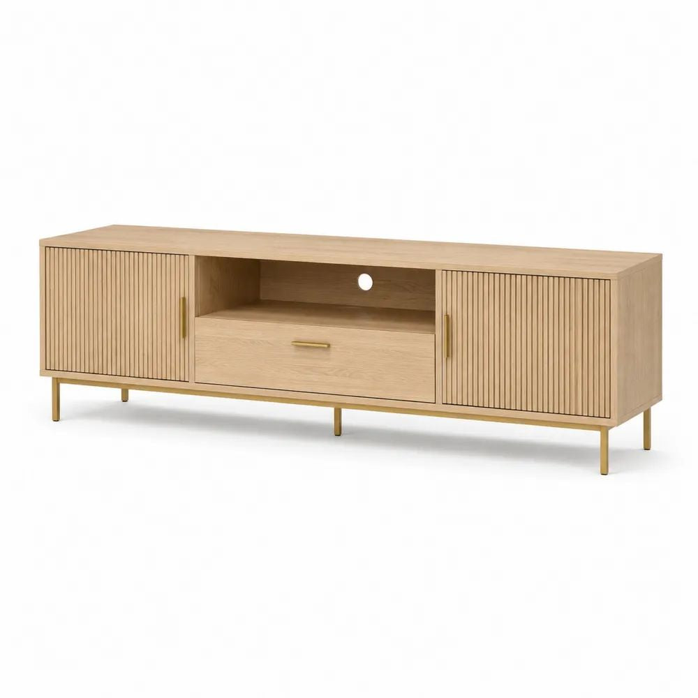 Meuble TV bas rectangulaire en bois et métal doré, décor chêne clair, 2 portes rainurées, 1 tiroir et 1 niche, 160 x 40 x 60 cm