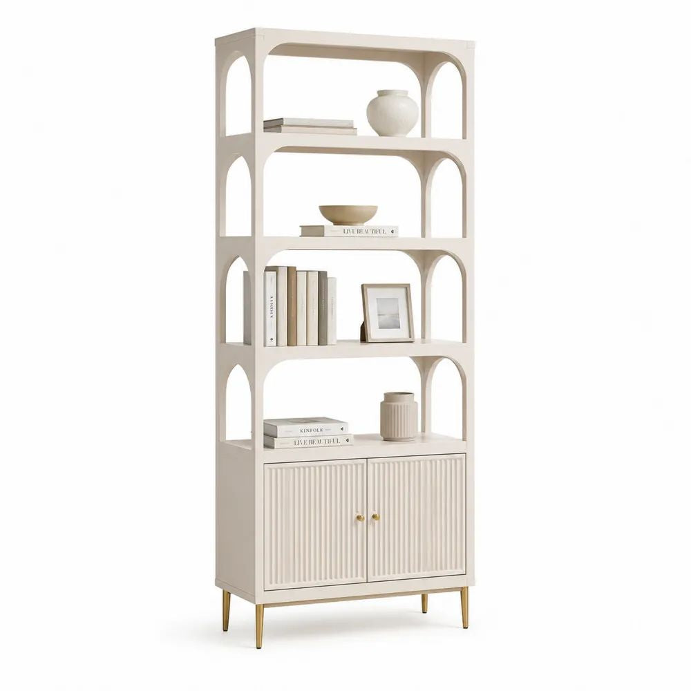 Bibliothèque avec rangement, 4 étagères et 2 portes en MDF et acier, blanc cassé et laiton, 80 × 35 × 180 cm