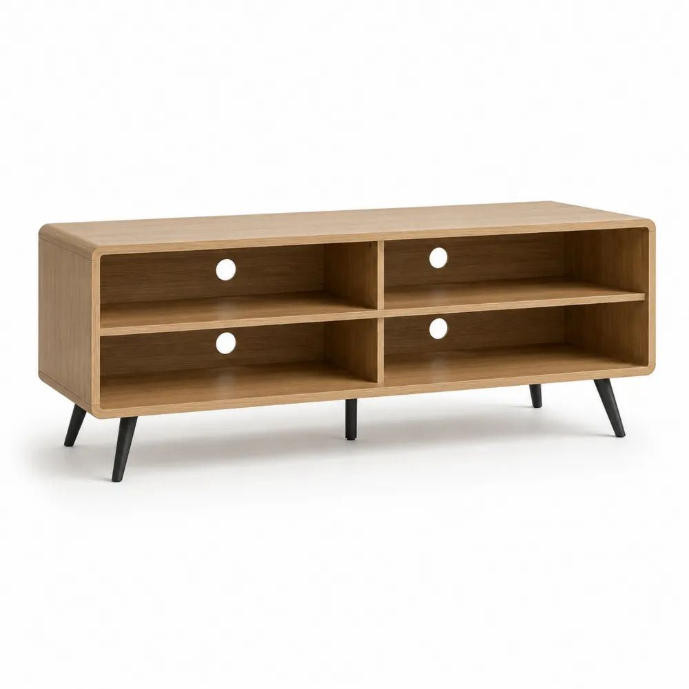 Meuble TV à 4 niches en bois et métal, chêne naturel et noir, 120 x 40 x 55 cm