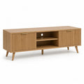 Meuble TV bas en bois, décor chêne naturel, 2 portes rainurées et 2 niches, 160 × 40 × 60 cm