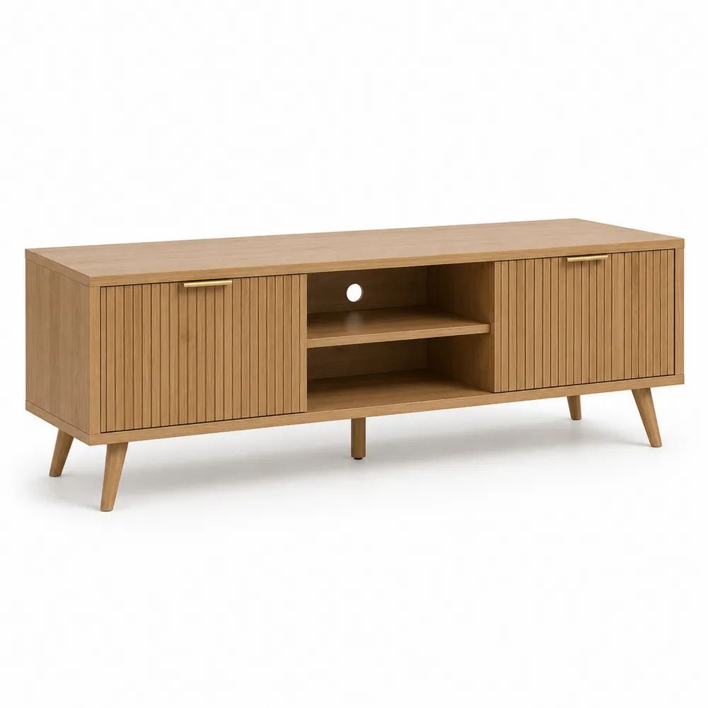 Meuble TV bas en bois, décor chêne naturel, 2 portes rainurées et 2 niches, 160 × 40 × 60 cm