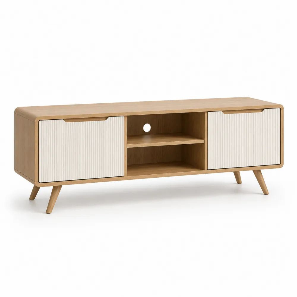Meuble TV bas en MDF chêne clair et blanc avec 2 portes rainurées et 2 niches, 150 x 40 x 55 cm