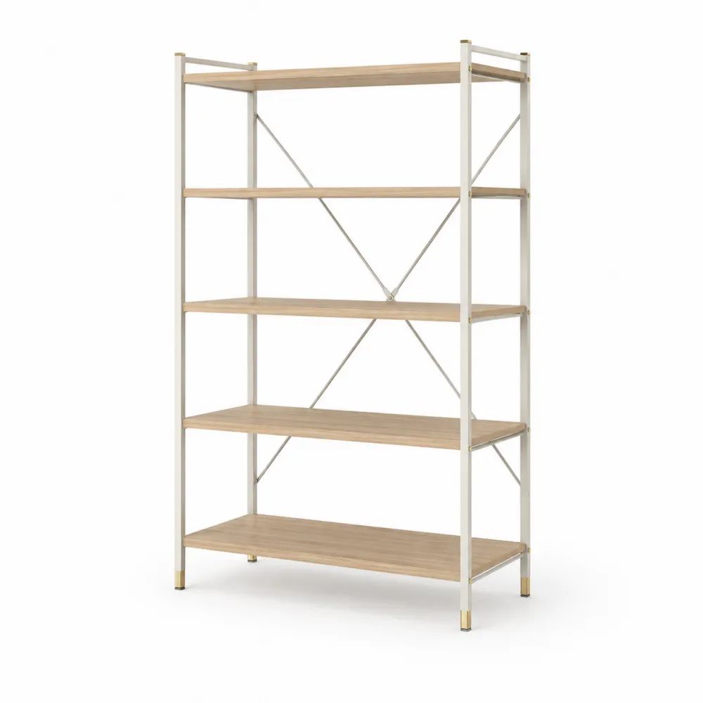 Étagère sur pied rectangulaire à 5 niveaux en acier et panneaux mélaminés, blanc, chêne clair et doré, 90 × 35 × 180 cm