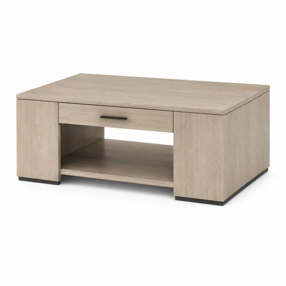 Table basse rectangulaire en bois effet chêne clair et noir avec tiroir et niche, 100 x 60 x 45 cm