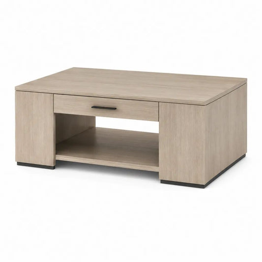 Table basse rectangulaire en bois effet chêne clair et noir avec tiroir et niche, 100 x 60 x 45 cm
