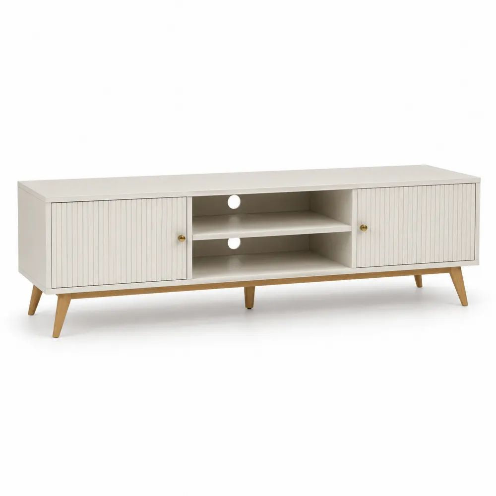 Meuble TV bas rectangulaire à 2 portes en MDF et bois, blanc cassé et naturel, 160 × 40 × 55 cm