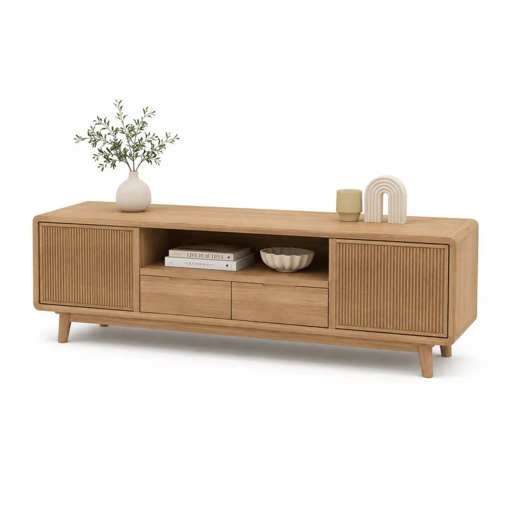 Meuble TV bas en bois, finition chêne naturel, 2 portes, 2 tiroirs et niche ouverte, 160 x 40 x 60 cm