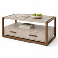 Table basse rectangulaire en MDF mélaminé et hévéa massif avec 2 tiroirs et étagère, taupe et brun noyer, 100 × 60 × 48 cm