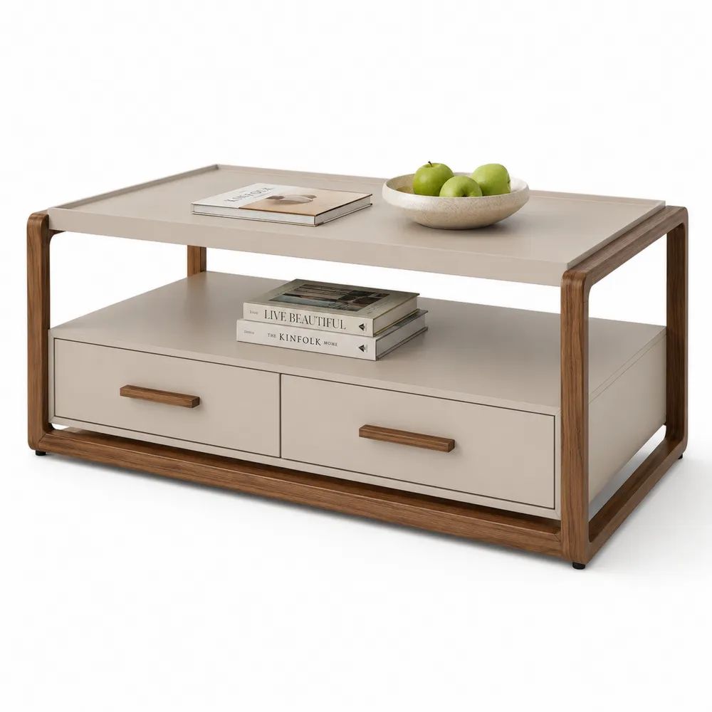 Table basse rectangulaire en MDF mélaminé et hévéa massif avec 2 tiroirs et étagère, taupe et brun noyer, 100 × 60 × 48 cm
