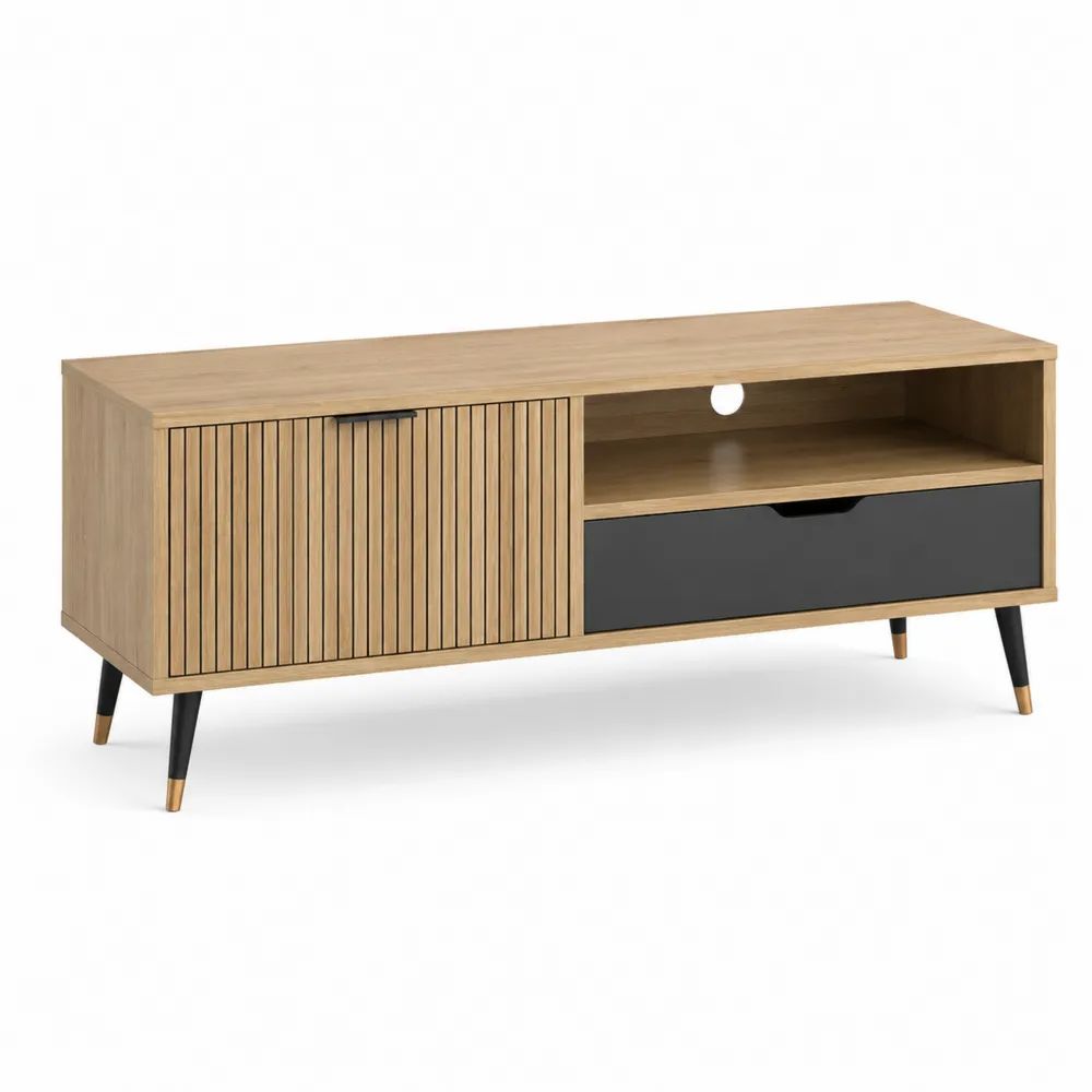 Meuble TV rectangulaire en bois et métal avec 2 portes, 1 tiroir et passe-câbles, chêne naturel, noir et doré, 140 x 40 x 55 cm