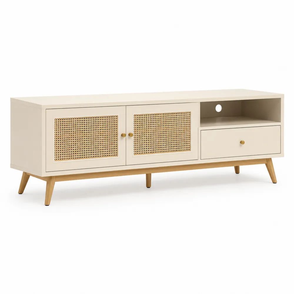 Meuble TV rectangulaire en bois beige clair et naturel, 2 portes en cannage, 1 tiroir et 1 niche, 140 × 40 × 60 cm