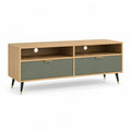 Meuble TV rectangulaire en bois et métal avec 2 niches et 2 portes abattantes, chêne clair et vert sauge, 140 × 40 × 60 cm