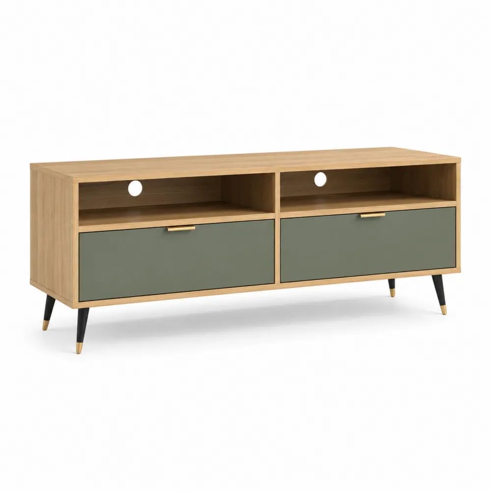 Meuble TV rectangulaire en bois et métal avec 2 niches et 2 portes abattantes, chêne clair et vert sauge, 140 × 40 × 60 cm
