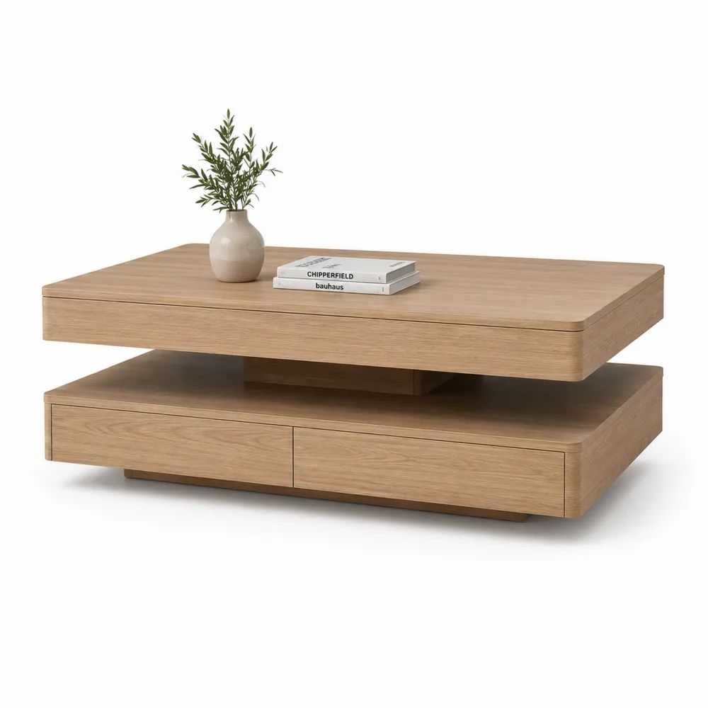 Table basse carrée pivotante en bois MDF plaqué chêne naturel avec niche et 2 tiroirs, 100 × 100 × 42 cm
