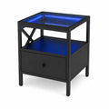 Table d’appoint carrée noire en verre et acier avec éclairage LED bleu, tiroir et tablette, 45 × 45 × 60 cm