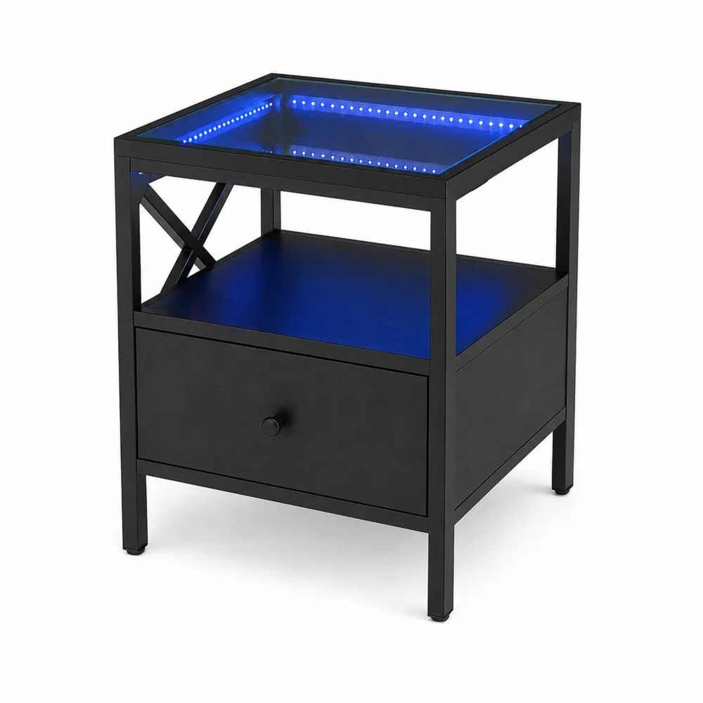 Table d’appoint carrée noire en verre et acier avec éclairage LED bleu, tiroir et tablette, 45 × 45 × 60 cm