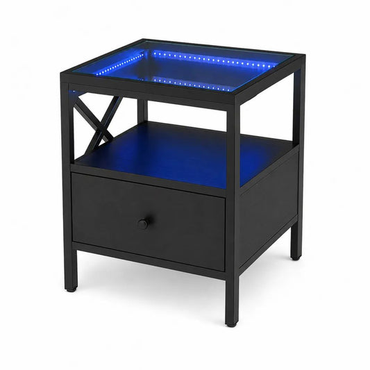 Table d’appoint carrée noire en verre et acier avec éclairage LED bleu, tiroir et tablette, 45 × 45 × 60 cm
